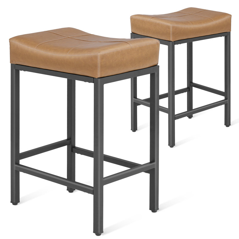 Triplehorn Backless Bar Stools Counter Stools with Upholstered Seat, Camel, Counter Stool (26.5" Seat Height)