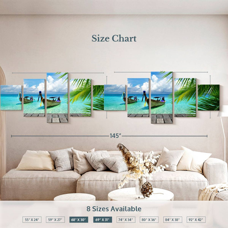 Bateaux sur une île tropicale, quai sur toile, ensemble de 5 pièces, H 55 po x l 24 po x P 1,25 po