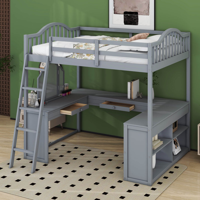 Lit mezzanine double en bois avec bureau, Grey
