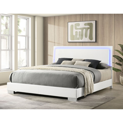 Très grand lit avec lumières à DEL, panneau blanc ultrabrillant, charme moderne et rustique, panneau de chambre à coucher au design structuré, tête de lit classique, lattes