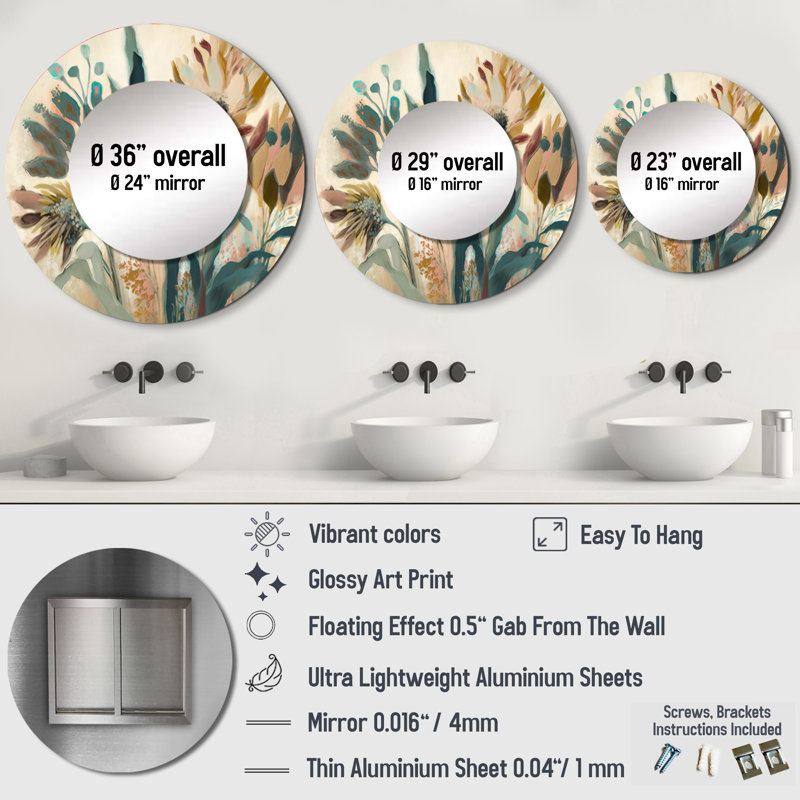 Scottland Wild Flowers in Faded Vintage Colors IV - grand miroir mural floral, miroir décoratif rond beige, impression d'art en métal
