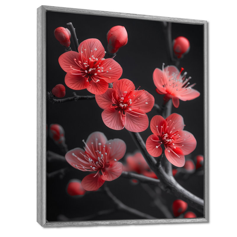 Silhouette de fleur de cerisier monochrome gris rouge, Toile argentée avec cadre flottant, H 34 po x l 44 po x P 1,5 po