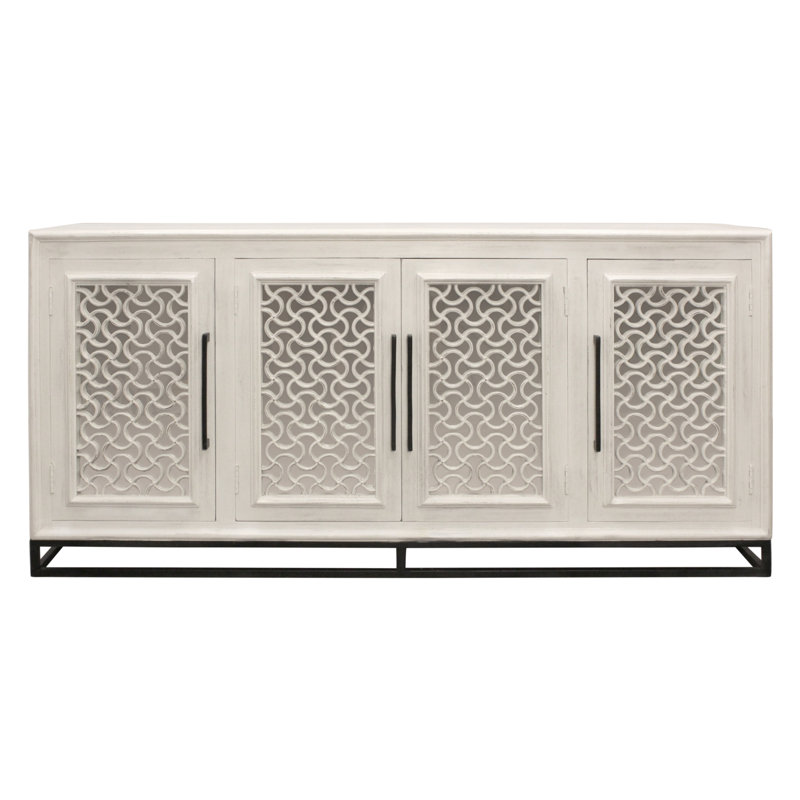 Buffet 4 portes Juno blanc vieilli avec sculpture traditionnelle sur bois massif