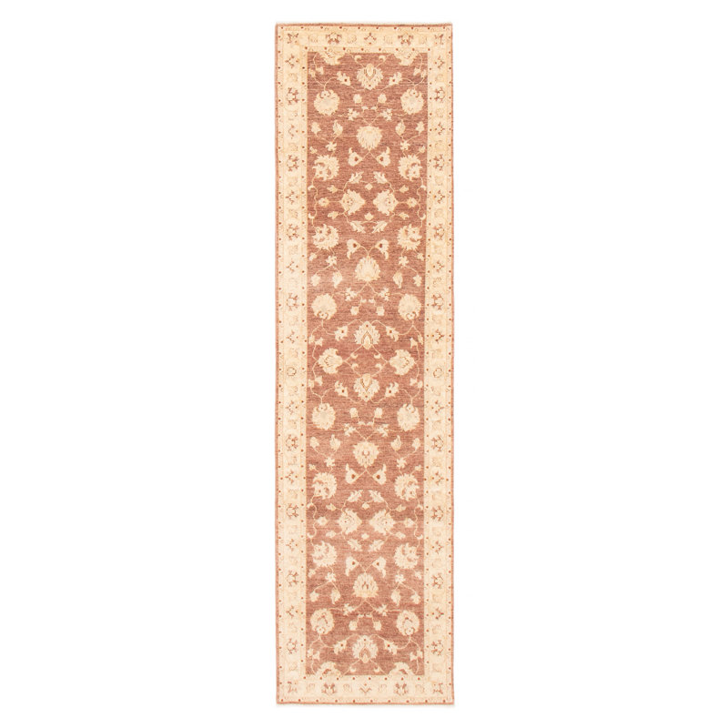 Tapis de couloir brun en laine noué à la main de conception unique 2 pi 7 po x 10 pi New Age