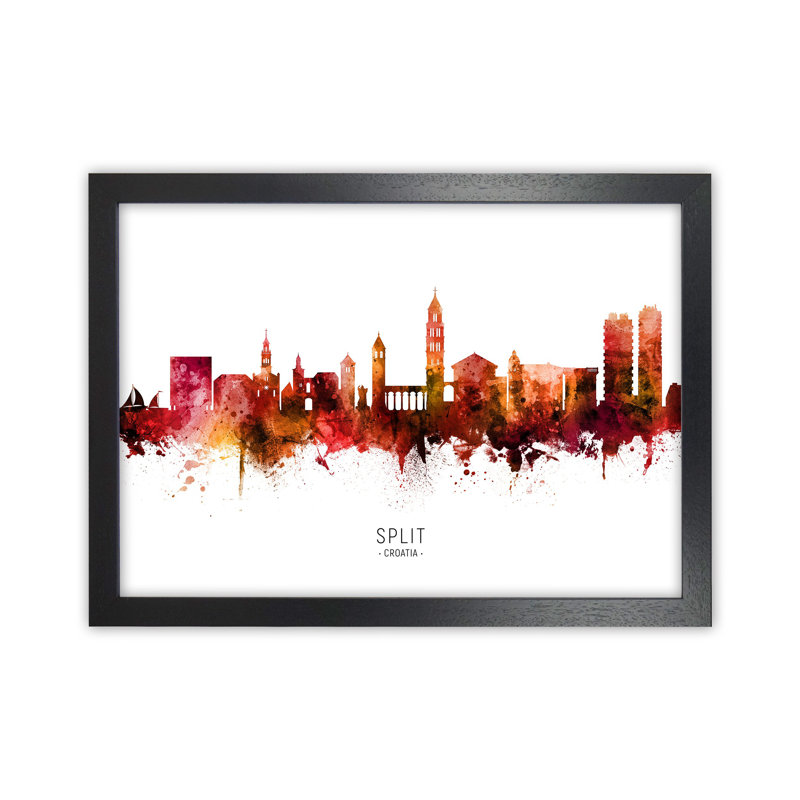 Split Croatia Skyline Red City Name by Michael Tompsett - Print, 34cm H x 46cm W x 3cm D, Black Framed