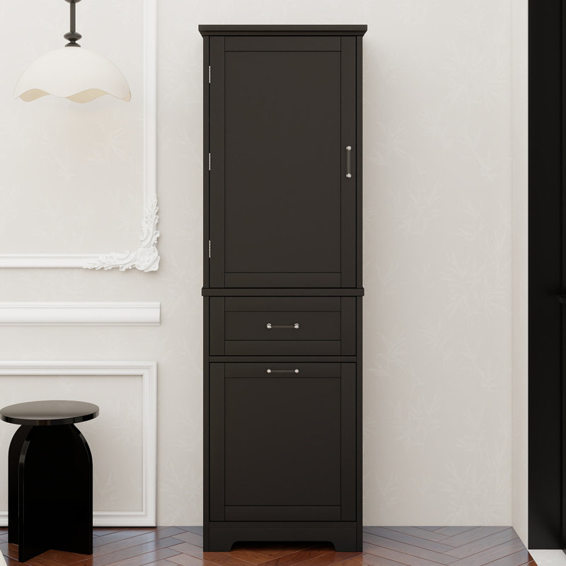 Grande armoire de rangement pour salle de bain, armoire de rangement autoportante avec deux tiroirs de tailles différentes et tablette réglable, panneau de fibres à densité moyenne avec finition peinte, blanc