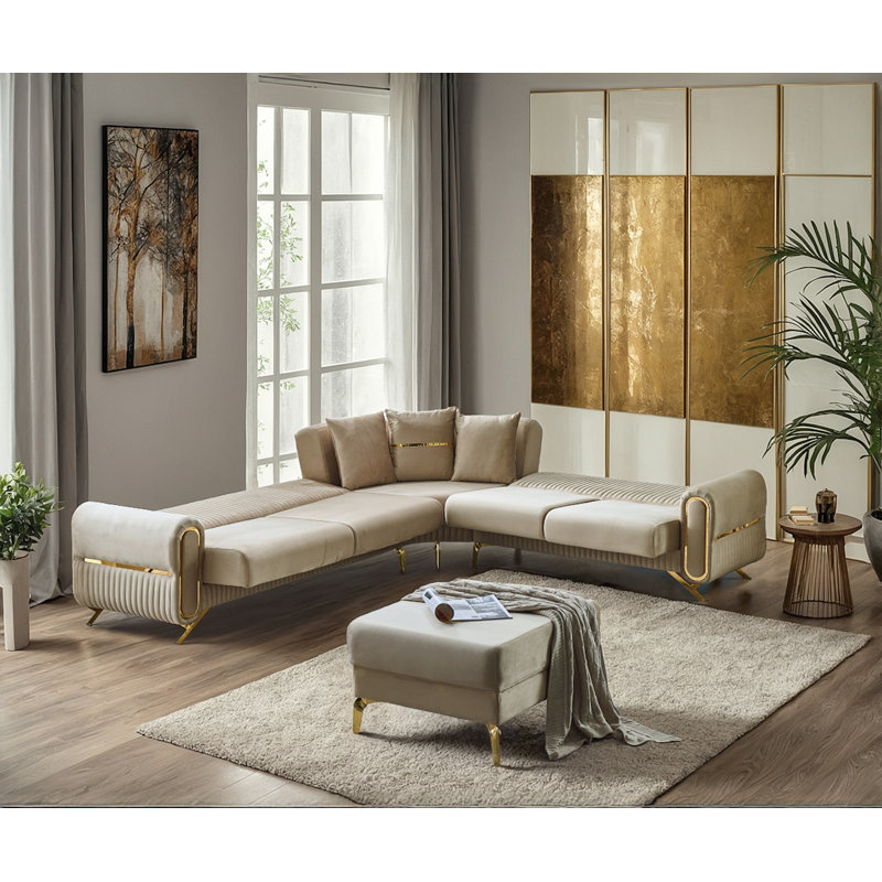 Devlynn Velvet L-Shaped Sectional Reversible, Beige Velvet, Gold