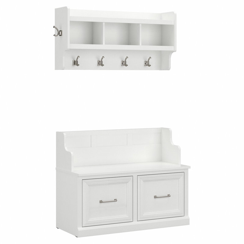 Kierra Hall Tree with Shoe Storage, White Ash
