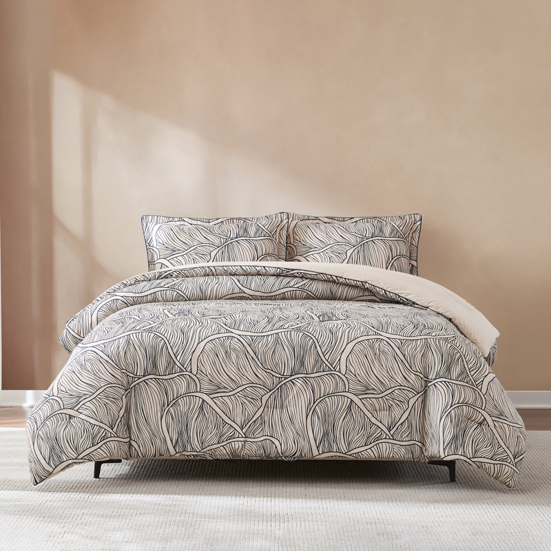 Umbra Bloom Linen Blend Comforter Set Navy/Neutral 3 Piece Set Queen, Queen Comforter + 2 Standard Shams