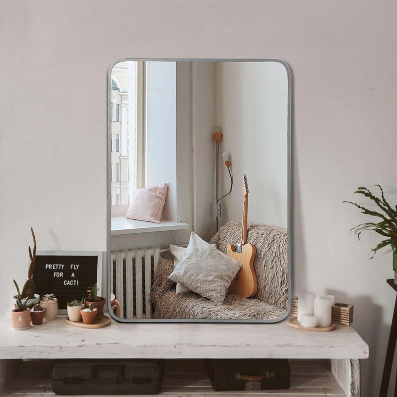 Miroir mural pour salle de bain, Argent argent, Rectangulaire, 32 po x 24 po