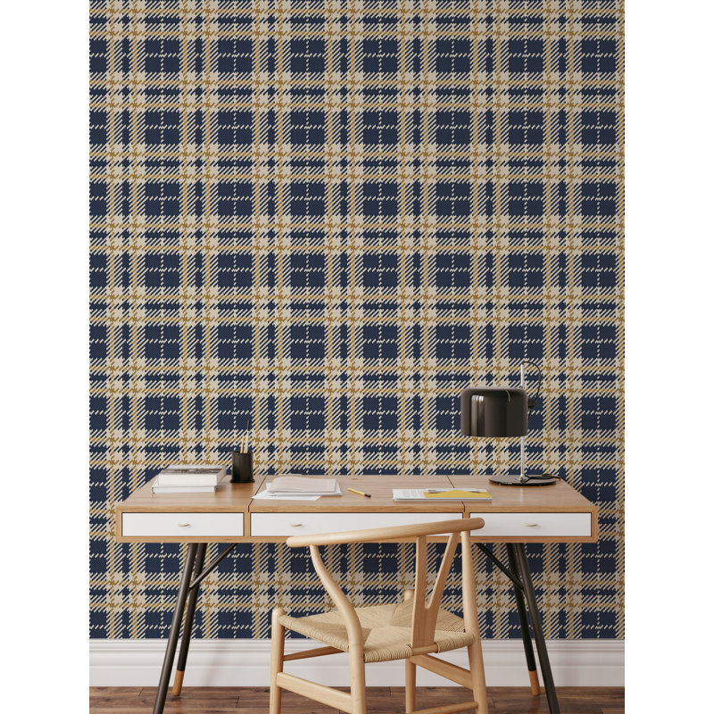 Clark Plaid 10' L x 24" W Wallpaper Roll, Navy Gold Coast, PVC, Self-adhesive