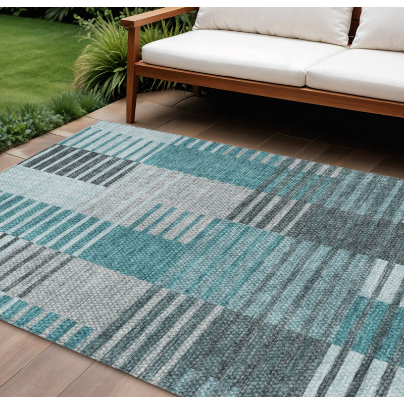 Tapis bleu 8 pi x 10 pi bleu sarcelle à rayures turquoise et gris lavable