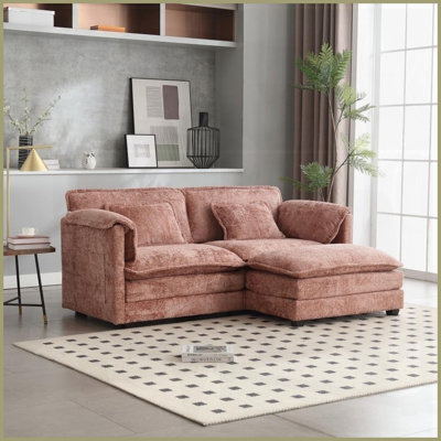Oversized Double Chenille Sofa with Footstool – Removable Armrests &amp; Side Pockets for Living Room Comfort