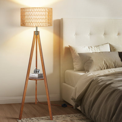 Lampe trépied à double abat-jour à intensité variable en osier avec tablettes et télécommande