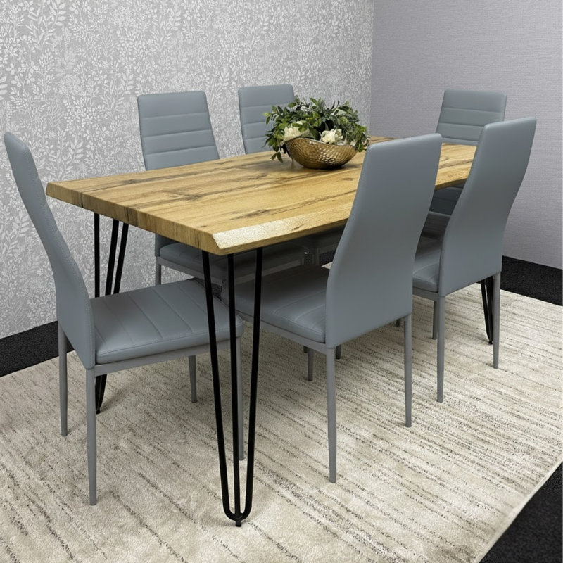 Modern Dining Table Set With 6 Faux Leather Chairs Dining Room Furniture, 75cm H x 140cm W x 80cm D, Grey