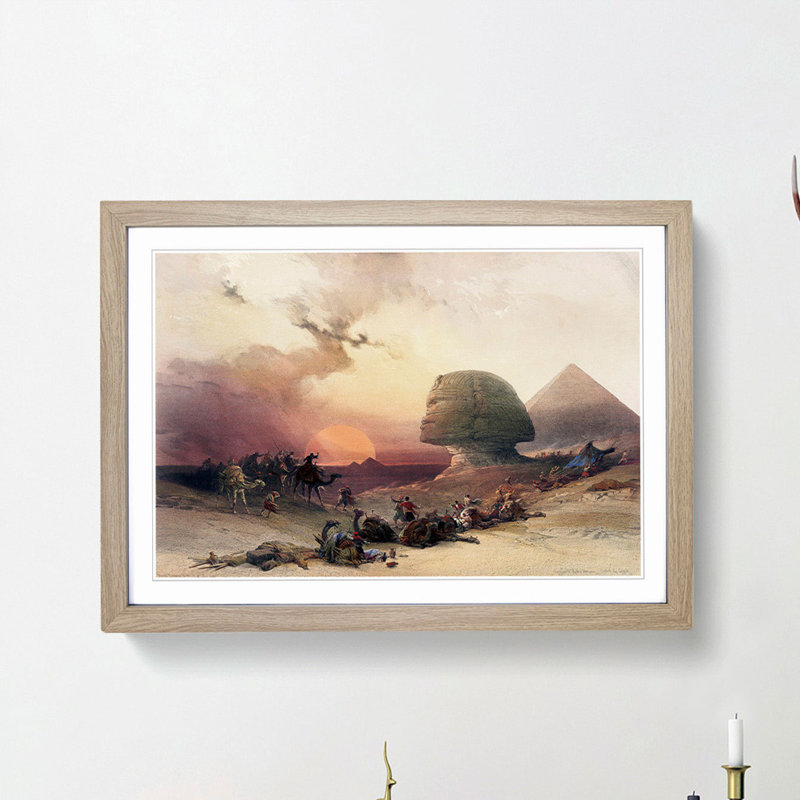 Sunset by the Great Sphinx Pyramids of Giza by David Roberts - Picture Frame Painting Print, Oak Framed