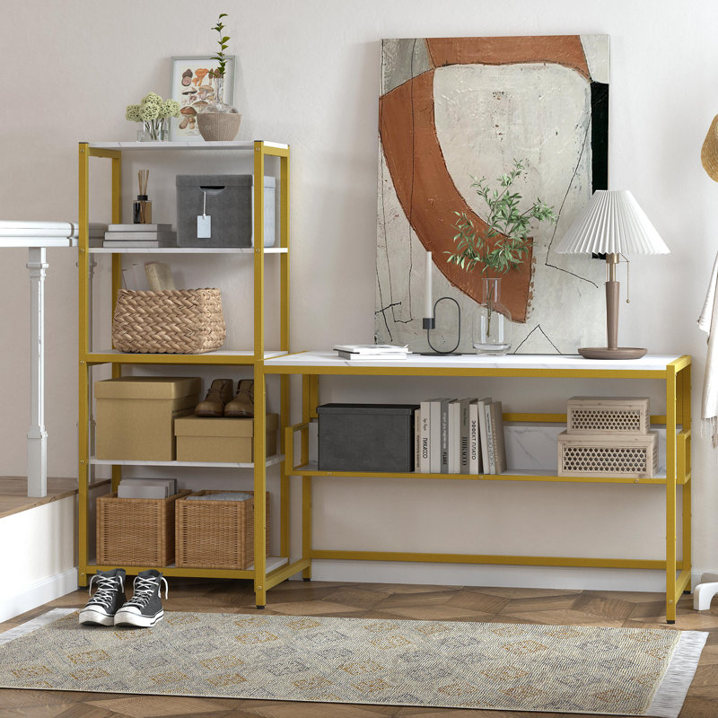 Bureau d'ordinateur en T Panos, Marbre / or, H 55,78 po x l 62,99 po x P 23,62 po