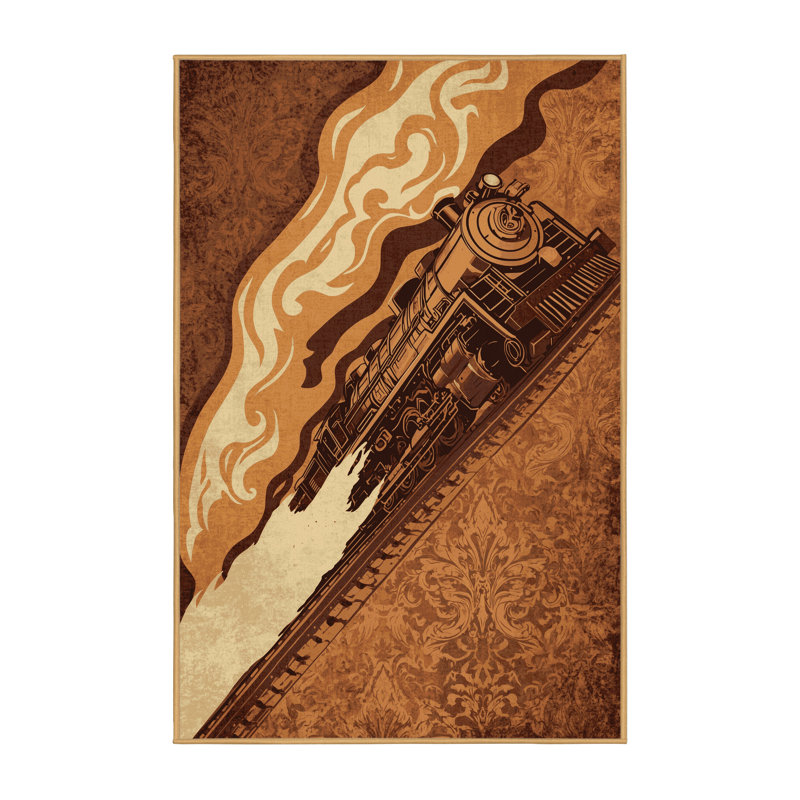 Soft Plush Eckman Vintage Passenger Train Vintage Damask Area Rug in Brown – LightBrown Binding, 6x9