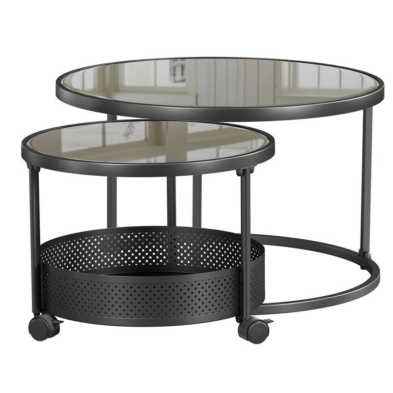 Ensemble de 2 tables gigognes rondes avec panier de rangement et dessus en verre trempé, Noir