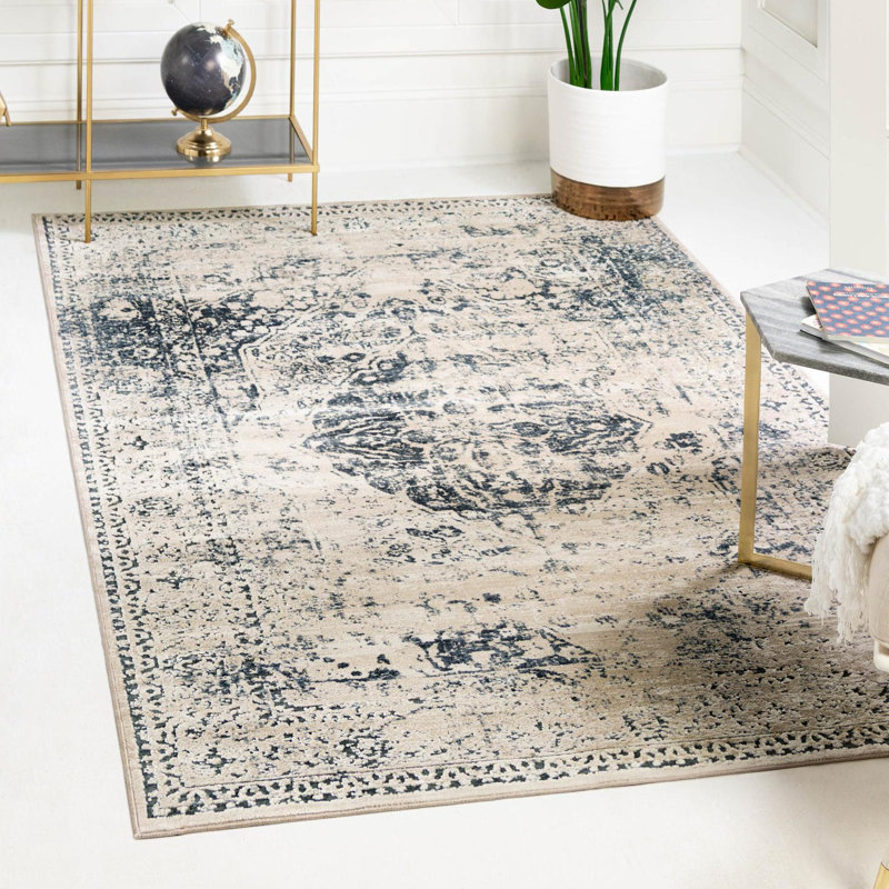 Arkeen Oriental Dark Blue/Beige/Ivory/Gray Area Rug, Rectangle 7'10" x 11'