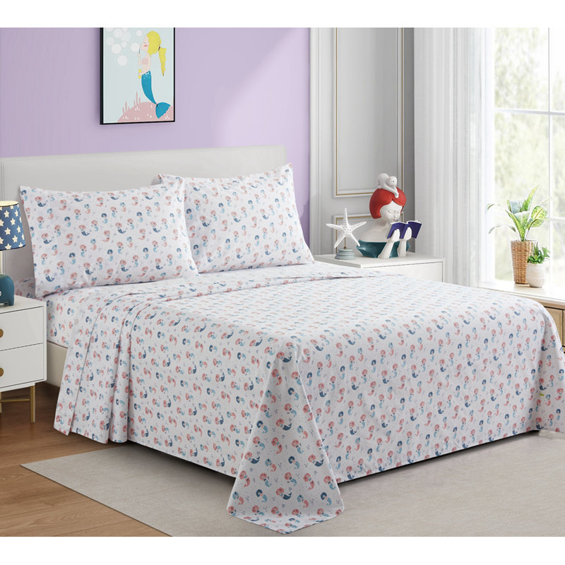 Ensemble de draps en coton à motif de sirène pour enfant 4 pièces Marina, Ensemble de draps pour grand lit + drap-housse + 2