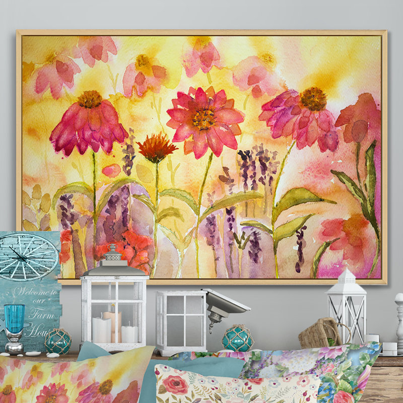Wild Coneflowers and Lavender - reproduction sur toile, H 8 po x l 12 po x P 1 po, Cadre flottant brun