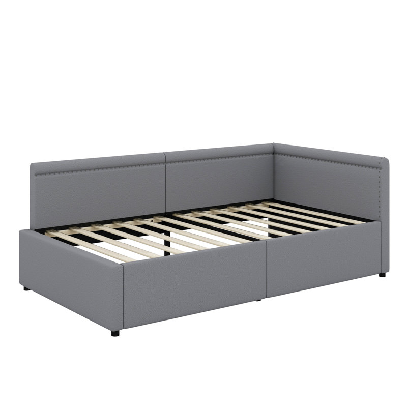 Lit simple d'angle en forme de L avec deux tiroirs de rangement, Gris