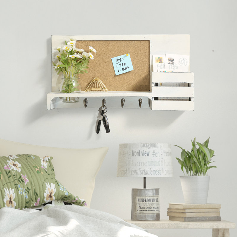 Wall Mail Storage Organiser with Key Hooks and Corkboard