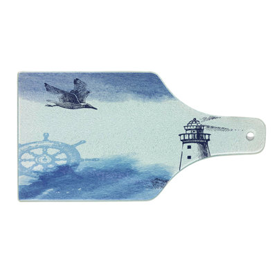 Ambesonne Lighthouse Tempered Glass Cutting Board Handdrawn Art Anchor Blue and White