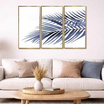"Blue Palm Leaves", branches tropicales abstraites, peinture sur toile flottante 3 pièces