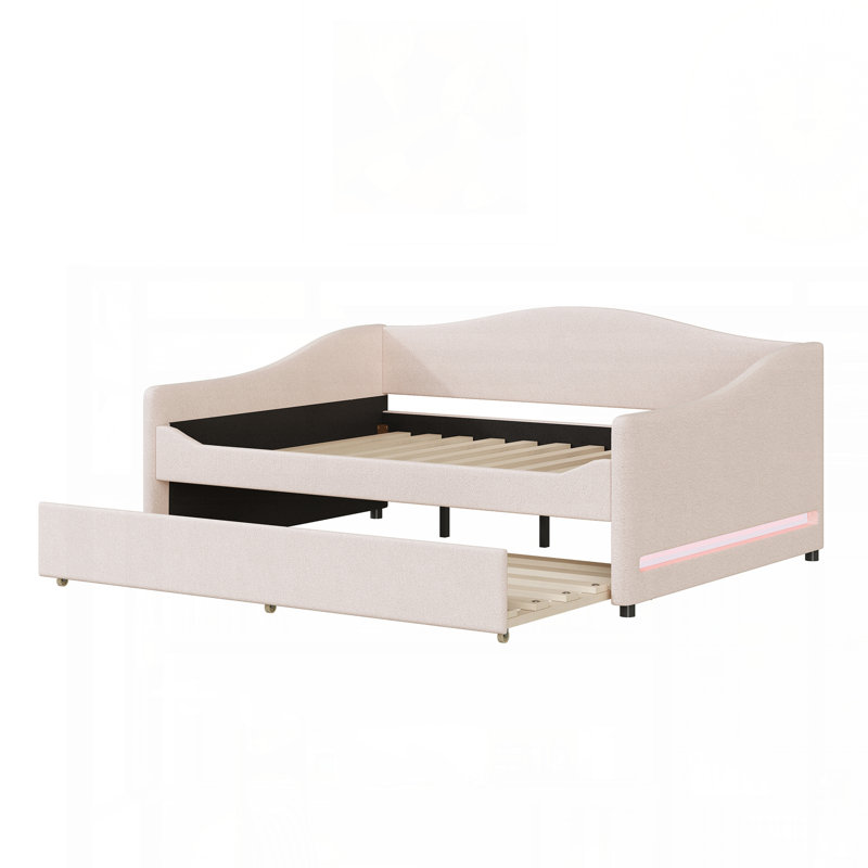Lit de jour rembourré en molleton avec lumière et couchette Teddy, beige, Beige, Complet/Double