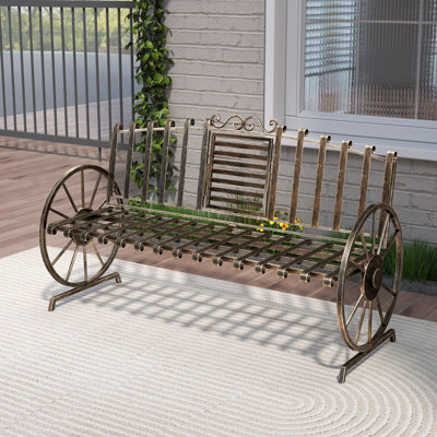 56.3" Metal Outdoor Bench, Porch Welcome Benches, Garden Bench With Flip Table And Wagon Wheel Arms by Astoria Grand
