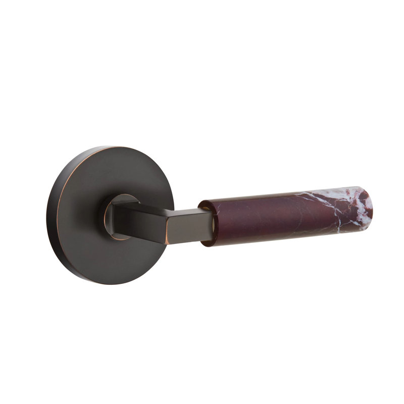 Emtek Select Passage Leverset w/ Disk Rosette & L-Square Stem, Rosso Levanto Marble Lever, Oil Rubbed Bronze, Right