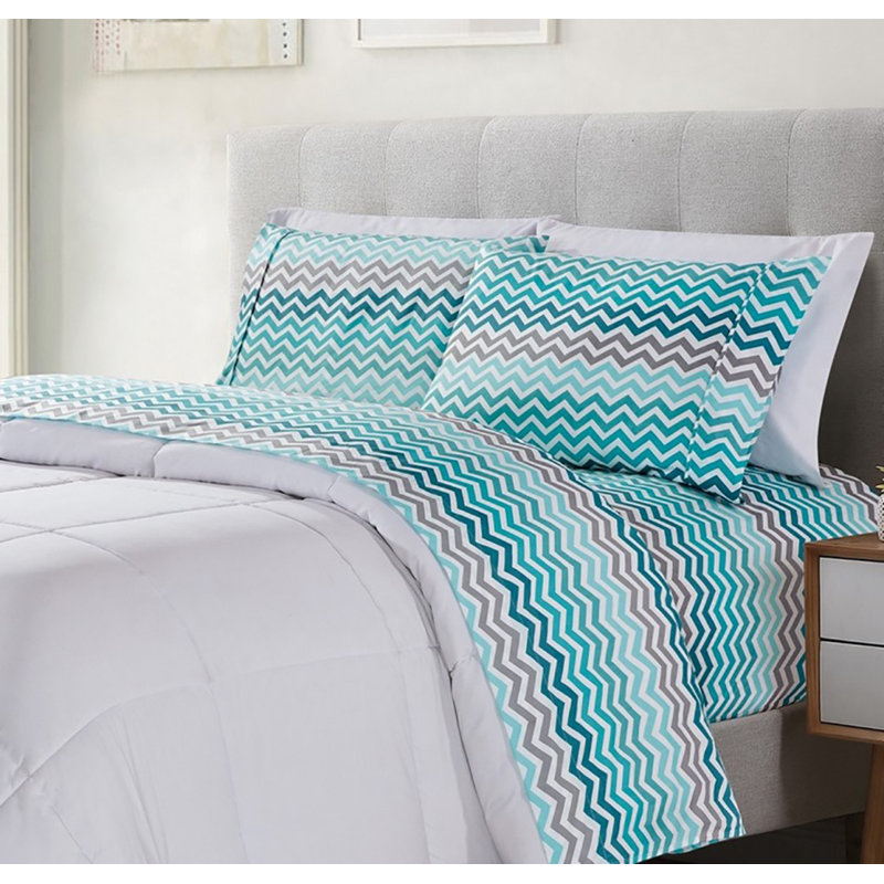 Ensemble de draps à imprimé égyptien 1800 fils 4 pièces, Turquoise, Chevrons