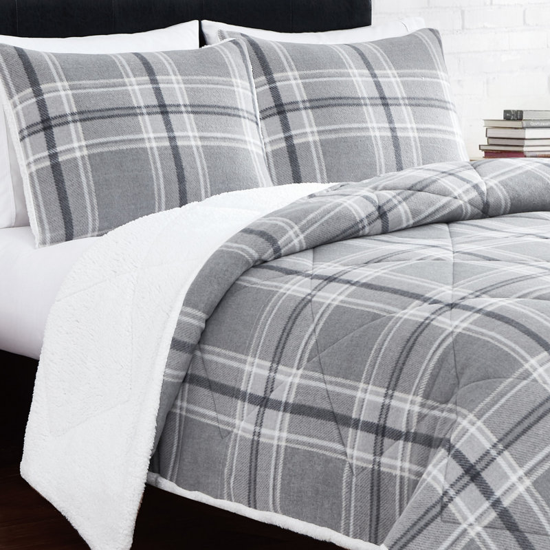 Box Stitch Plaid Comforter, Full/Double Comforter + 2 Standard Shams, Grey