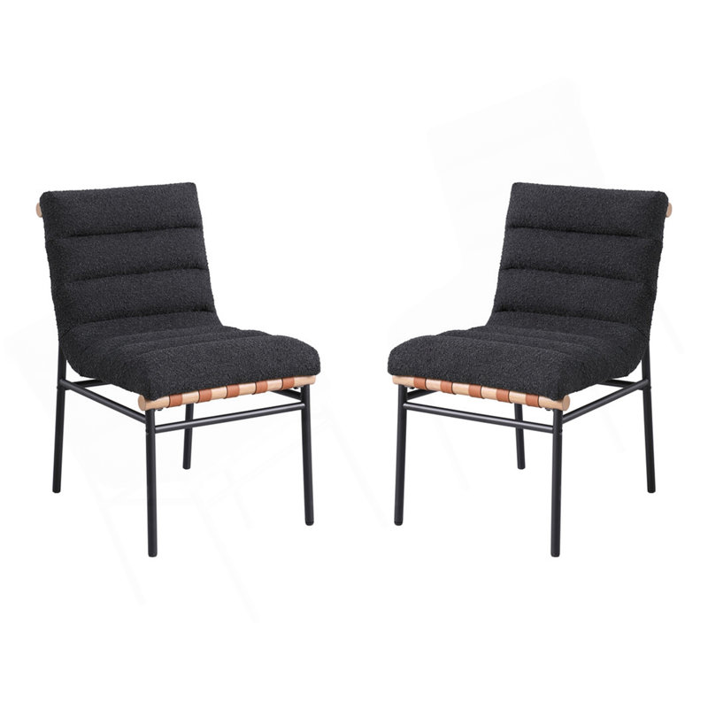 Ensemble de 2 chaises de salle à manger en tissu bouclé noir avec pattes en fer noir, Black, Noir