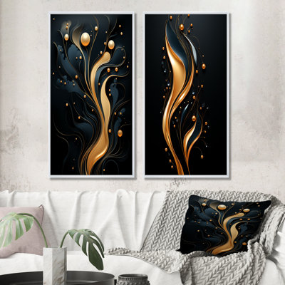 «Black and Gold Golden Minimalistic Line Art I», ensemble de 2 reproductions d'art abstrait