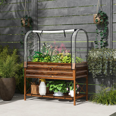 Lit de jardin surélevé avec pieds et housse, bac à fleurs surélevé en métal de 41 po x 20,5 po avec tablette inférieure et doublure non tissée, capacité de sol de 37 gallons, couvre-serre brun pour légumes, herbes et fleurs