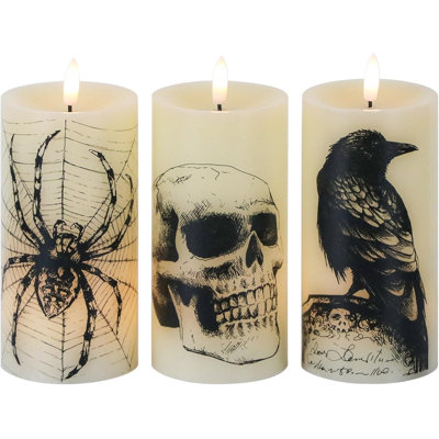 Halloween bougies scintillantes d'Halloween avec crâne, toile d'araignée, ensemble de 3 décalcomanies corbeau corbeau, bougies à DEL d'Halloween effrayantes à thème Halloween