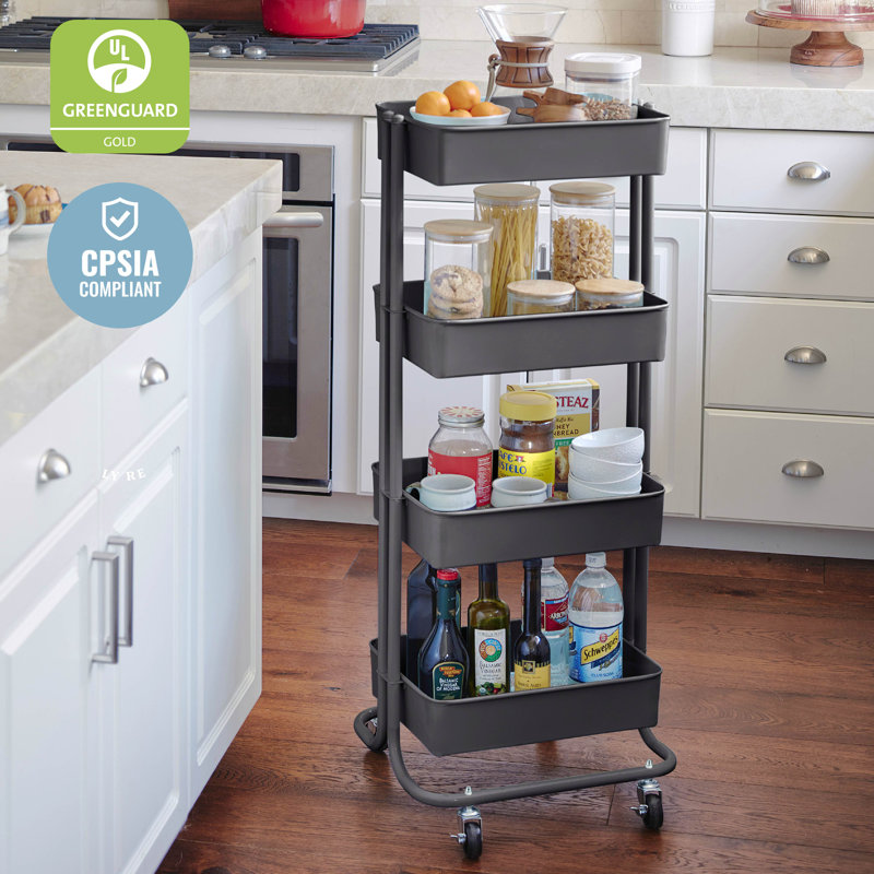 Black 4-Tier Metal Rolling Utility Cart with Mesh Baskets