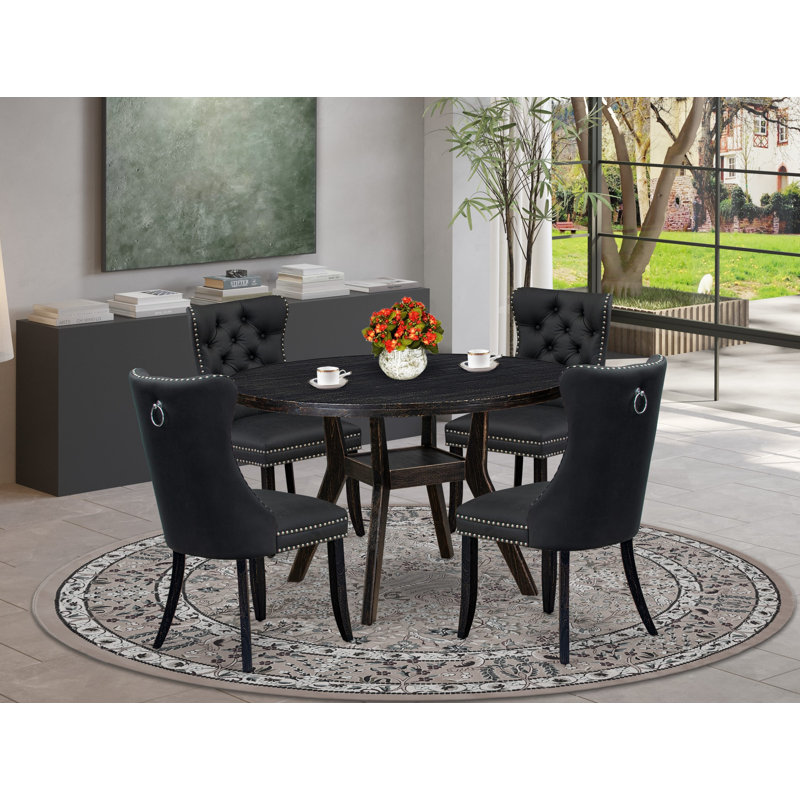 Ensemble de table de cuisine 5 pièces avec similicuir 4 chaises de salle à manger rembourrées gris foncé, dossier capitonné et une table ronde de 48 po au fini noir sablé.