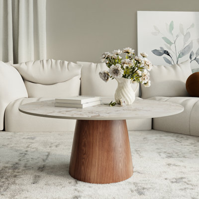  39'' Stone Round Coffee Table Wooden Pedestal Center Cocktail Table Side Table Mid-Century Modern For Living Room & Home Decor