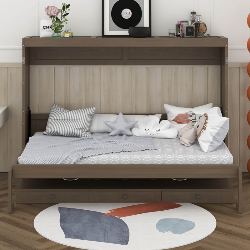 Grand lit escamotable mural avec rangement, lit armoire pliable avec bureau de coiffeuse, miroir central et 2 tiroirs latéraux