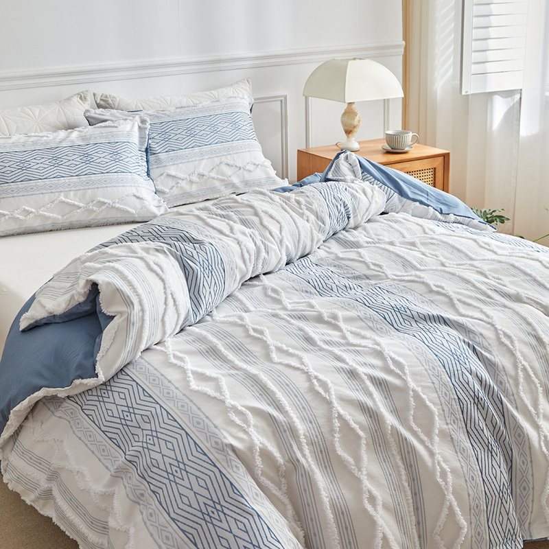  3-Piece Microfiber Tufted Chenille Duvet Cover Set, Full Duvet Cover + 2 Standard Pillowcases, Blue