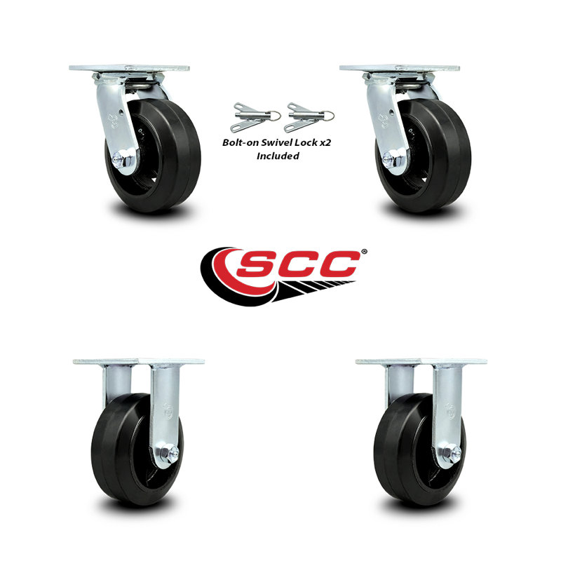 6 Inch Rubber on Steel Caster Set with Ball Bearings 2 Swivel Lock 2 Rigid SCC/SCC-30CS620-RSB-BSL-2-R-2