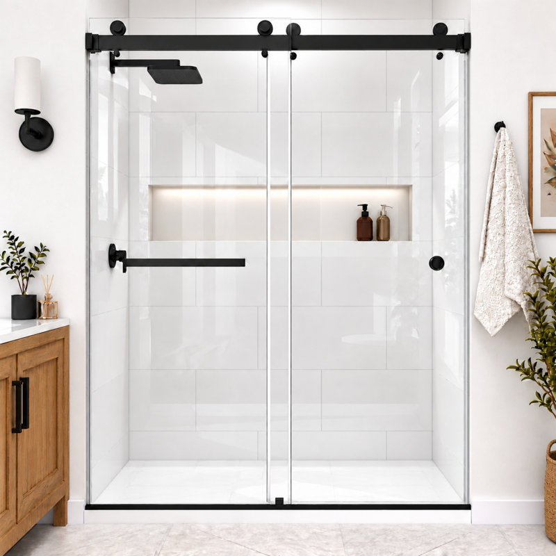 CatalystFP 62"-67"W x 76"H Double Sliding Frameless Shower Door in Matte Black with 3/8" Clear Glass, 66"Wx76"H, Matte Black