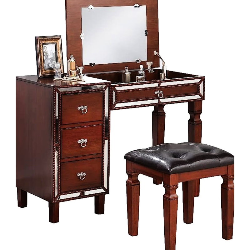 Meuble-lavabo de chambre à coucher avec tabouret Cherry, Cerisier, Noir