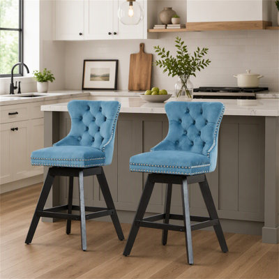 Tabourets de bar pivotants en velours capitonné, pieds en bois et garniture cloutée chromée, style décontracté, lot de 2