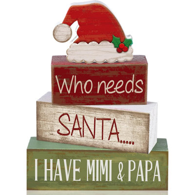 4 Pcs Christmas Wooden Signs Santa Hat Tiered Tray Decor | Farmhouse Style Distressed Wood, For Mantel Shelf Desk Holiday Decor, Grandparents Mimi Papa Themed Christmas Gift