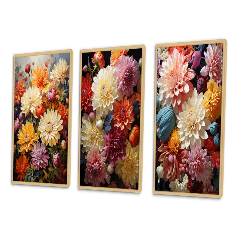 «Mums Mums In Bloom», 3 pièces sur toile, Cadre naturel flottant, H 40 po x l 60 po